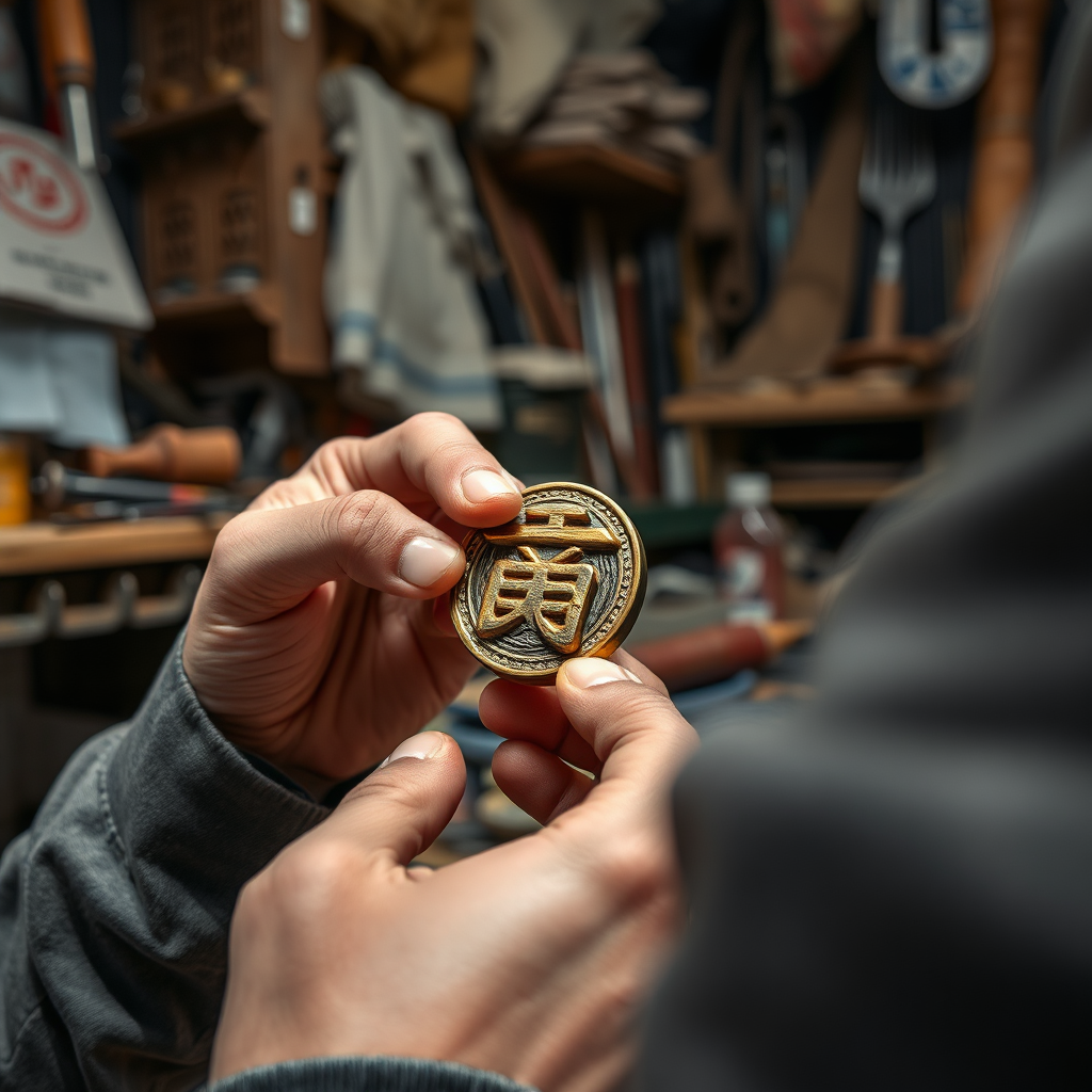 A photorealistic image of a skilled artisan meticulously crafting an "อักขระมันตรา" amulet. The artisan's hands are shown working with precision and care, highlighting the artistry and dedication involved in the process. The background is a workshop filled with tools and materials. Camera angle: close-up, focusing on the artisan's hands and the amulet.