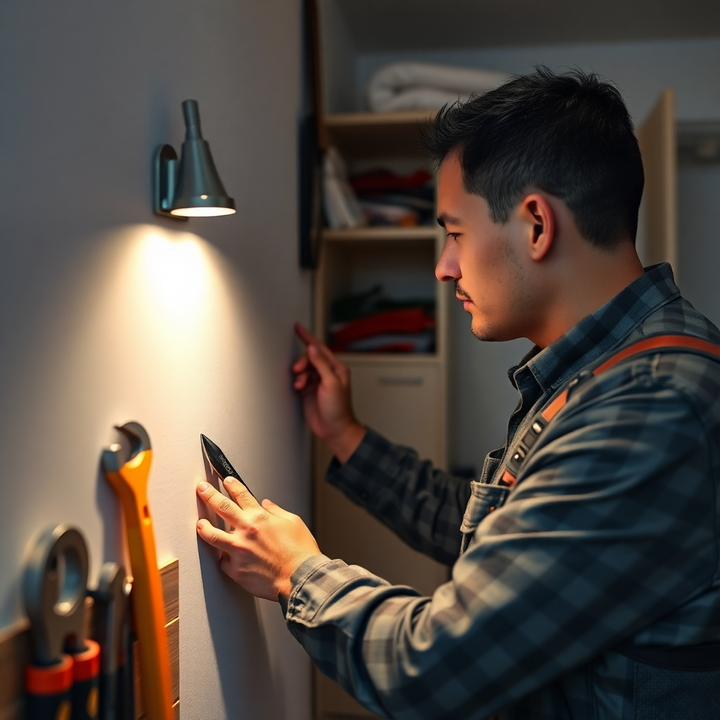 A photorealistic image of a skilled handyman meticulously inspecting a section of a wall in a well-maintained apartment.  Tools should be neatly organized, and the overall scene should be clean and professional.  The image should convey a sense of preventative maintenance and care.