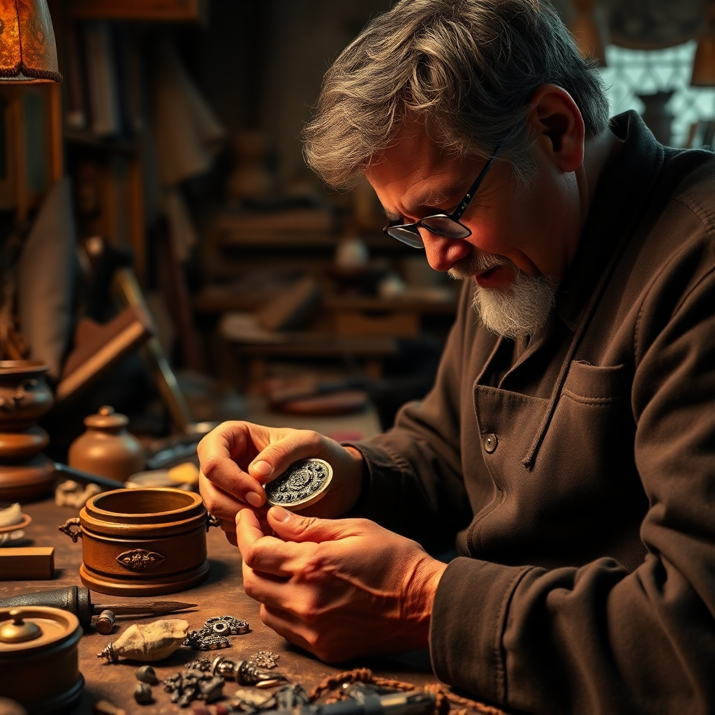 A photorealistic image of a skilled artisan meticulously crafting an amulet in a traditional workshop. The workshop is filled with tools, materials, and other artifacts, creating a sense of authenticity and tradition. The lighting is warm and inviting, highlighting the artisan's craftsmanship. The camera angle is close-up, capturing the intricate details of the amulet and the artisan's hands. The overall style is realistic and documentary-style, conveying a sense of trust and transparency. 4k Resolution.