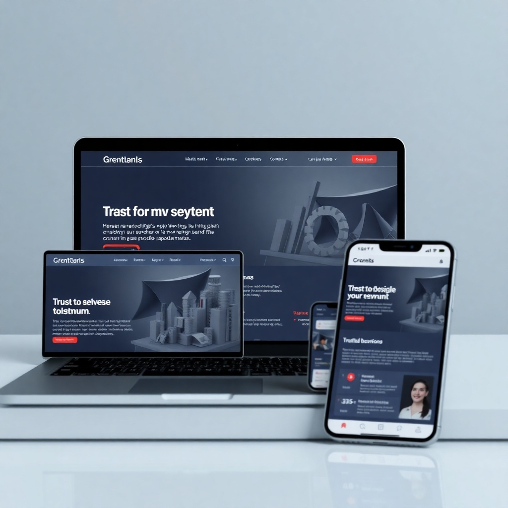 A photorealistic image of a sleek and professional corporate website displayed on multiple devices (laptop, tablet, smartphone).  The website should include sections showcasing client logos, testimonials, and detailed information about the company's services. The background should have a subtle professional setting, highlighting trust and reliability.