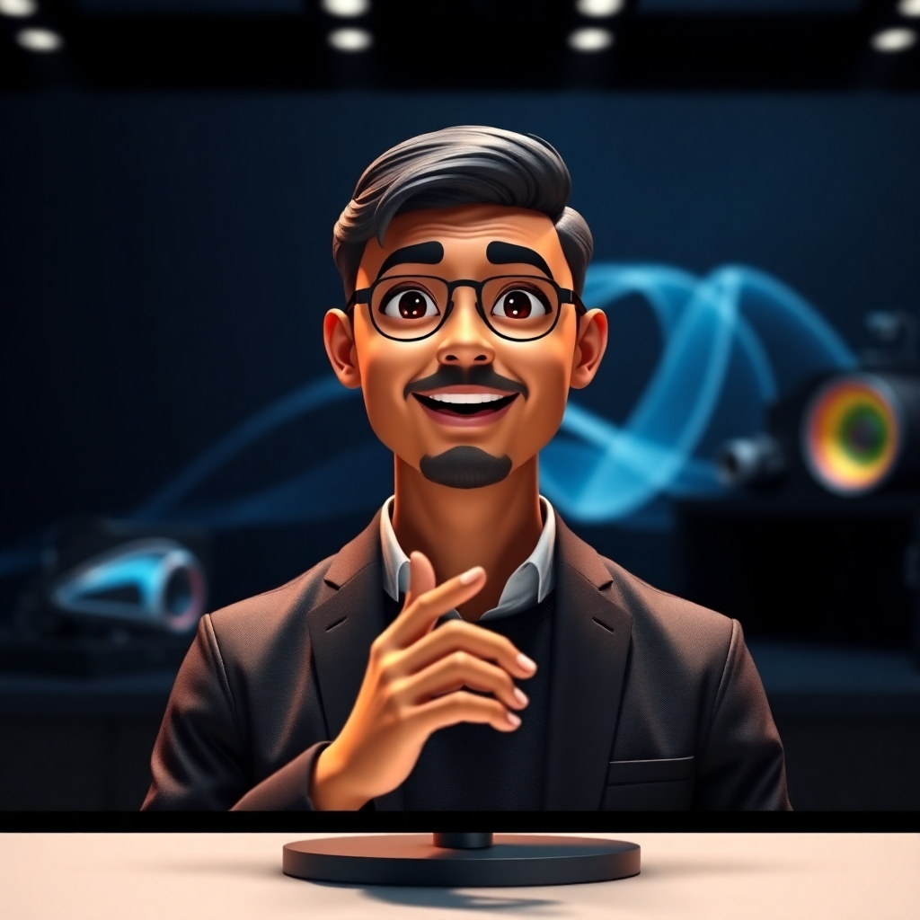 A photorealistic image of a sleek, modern product presentation video featuring a captivating avatar presenter. The avatar should be expressive and engaging, conveying trust and professionalism. The background should subtly showcase the product being presented, highlighting its key features and benefits.