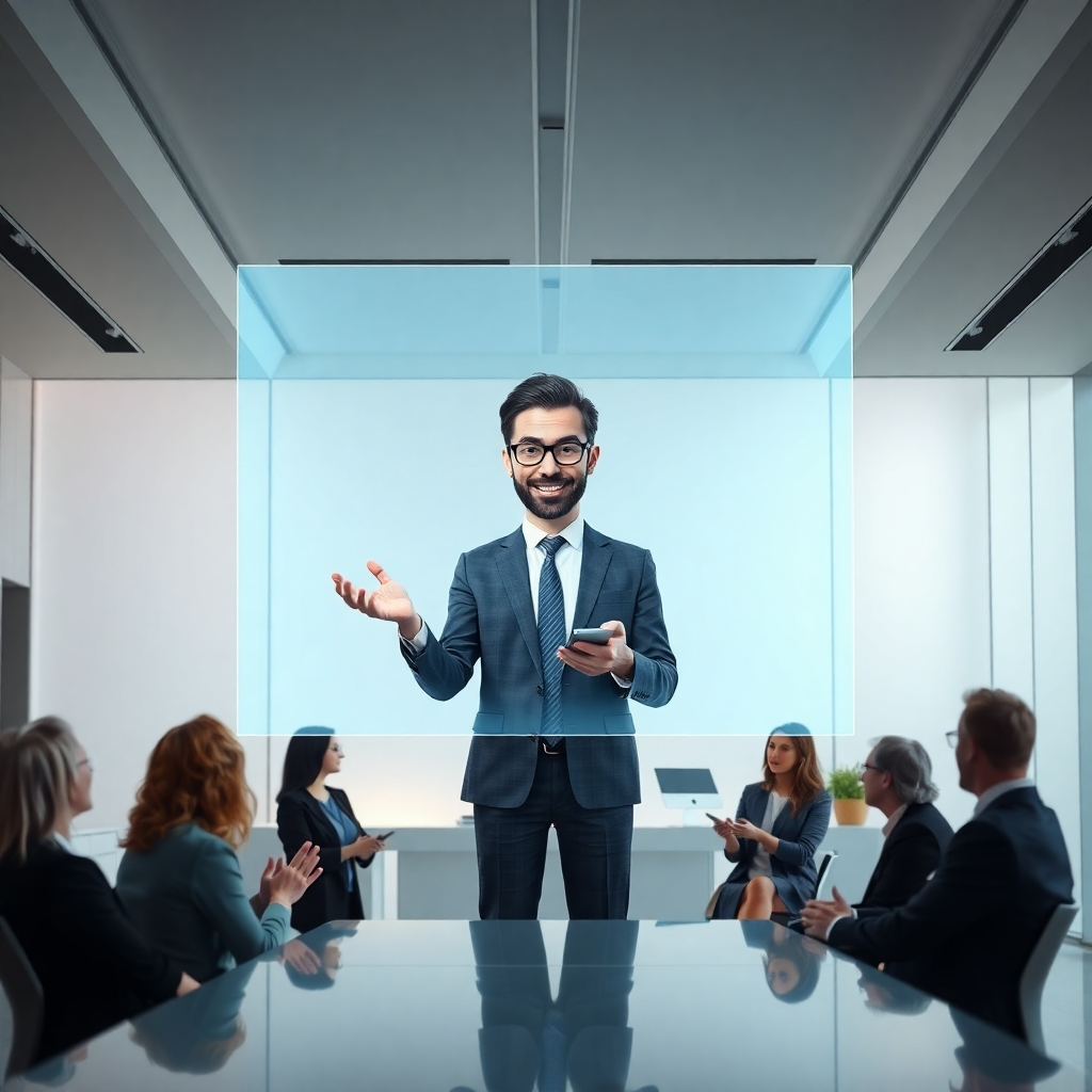 A photorealistic image of a sleek, modern office with a holographic projection of a friendly, professional-looking avatar presenting a product to a group of impressed clients. The background should be a clean, minimalistic design with subtle lighting effects. The overall mood should be professional yet innovative.