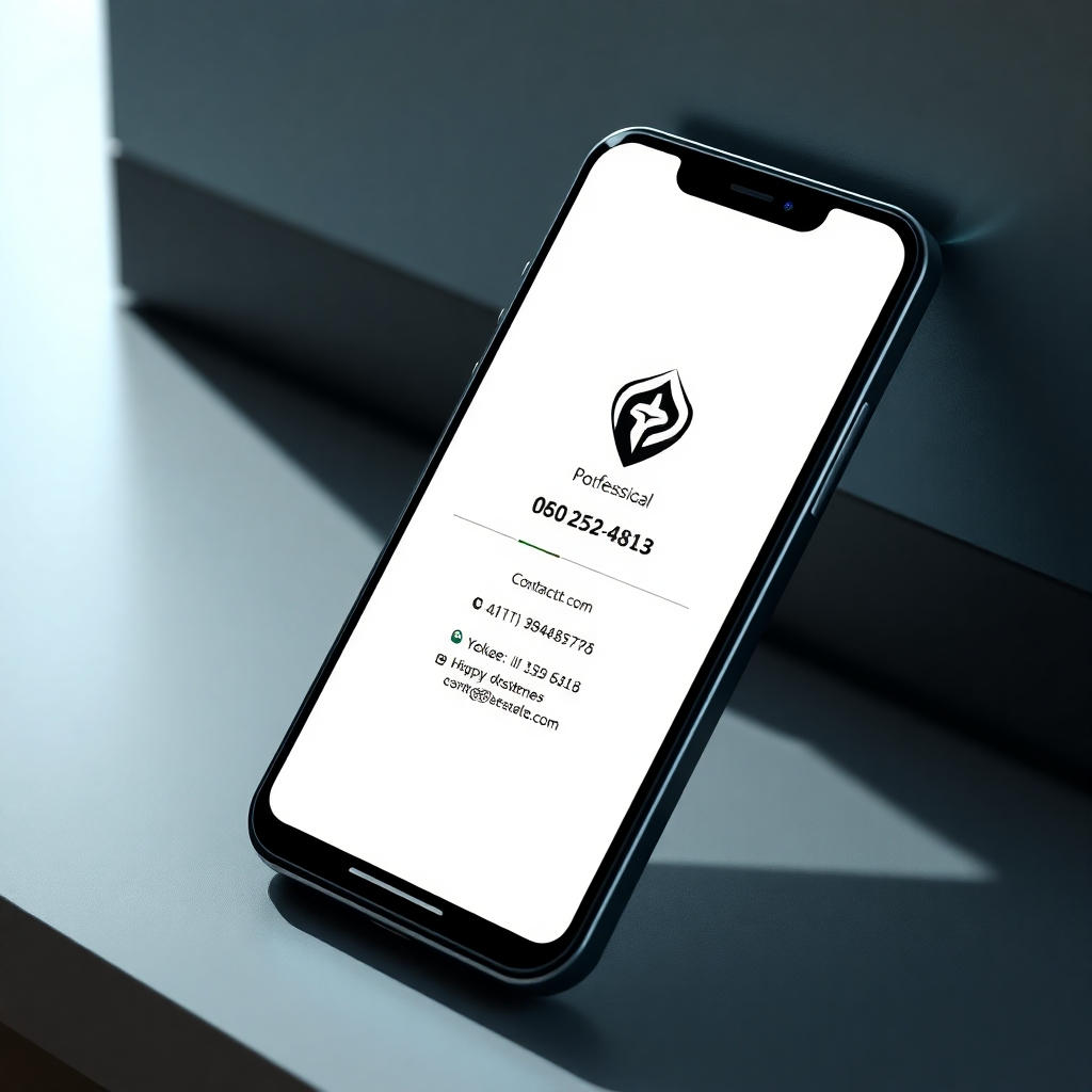 A photorealistic image of a sleek, modern digital business card design on a high-end smartphone screen. The design should incorporate a professional logo, contact details, and a subtle background texture.  The phone should be positioned at a slight angle, with soft, natural lighting. The overall aesthetic should convey sophistication and professionalism.