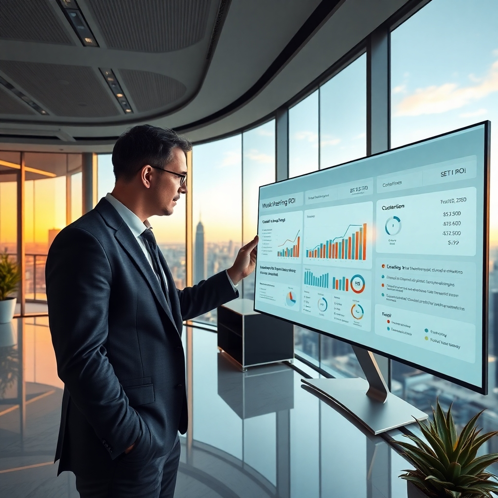 A photorealistic image of a sleek, modern office with a panoramic city view. A business executive is reviewing a comprehensive marketing report on a large touchscreen display, showing impressive ROI and customer acquisition data. The overall feeling is one of success and sophisticated professionalism.