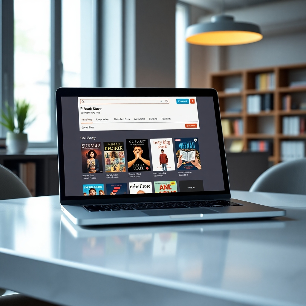 A photorealistic image of a sleek, modern e-book store website on a laptop screen, showcasing a variety of e-book covers. The background should be a minimalist, modern office setting with natural light.  The laptop should be open to a page showing sales figures increasing positively. High resolution, detailed image.