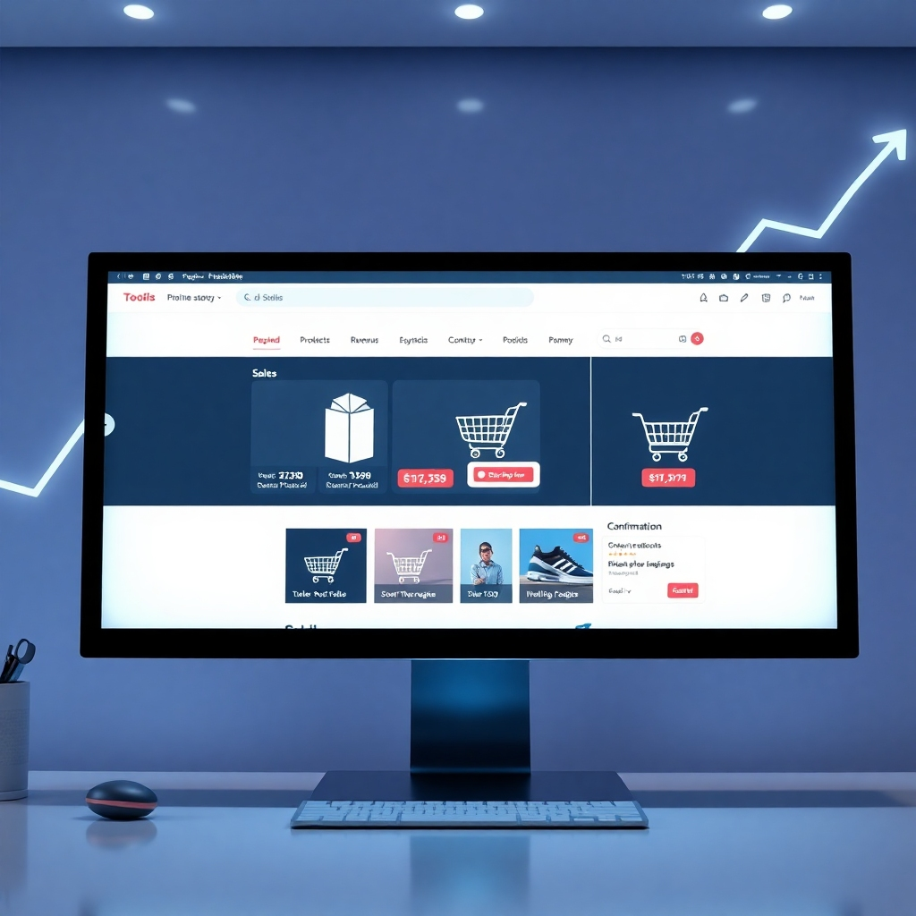 A photorealistic image of a sleek online store interface on a large computer screen, displaying various products with shopping carts and order confirmation pop-ups.  The background should show a graph depicting increasing sales and revenue. The image should have a clean, modern aesthetic with a focus on ease of use and sales conversion.