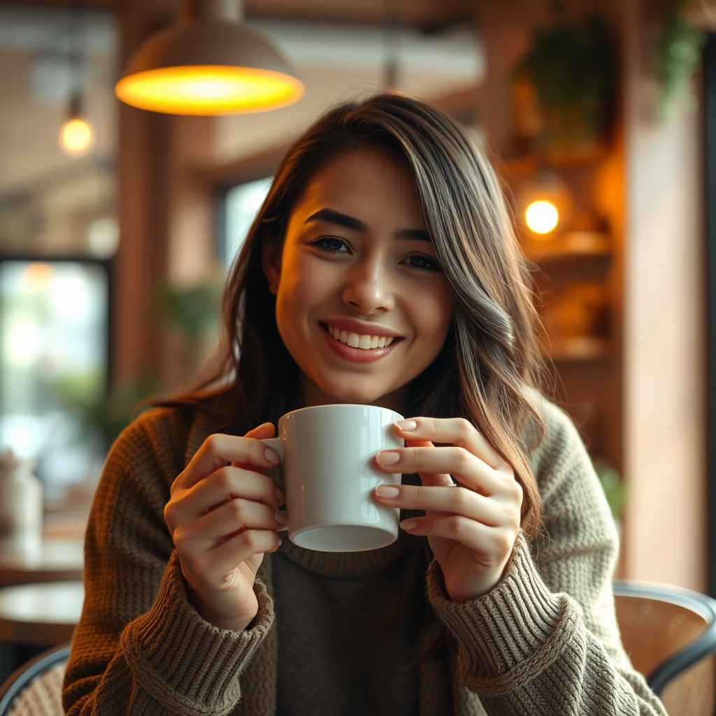 A photorealistic image of a smiling person enjoying a cup of coffee in a cozy cafe environment. The lighting is warm and inviting, creating a sense of comfort and relaxation. The background is subtly blurred, suggesting a peaceful and happy atmosphere. Style: Cozy, inviting, and comforting. Technical specs: 4K resolution, high-quality rendering, natural lighting.