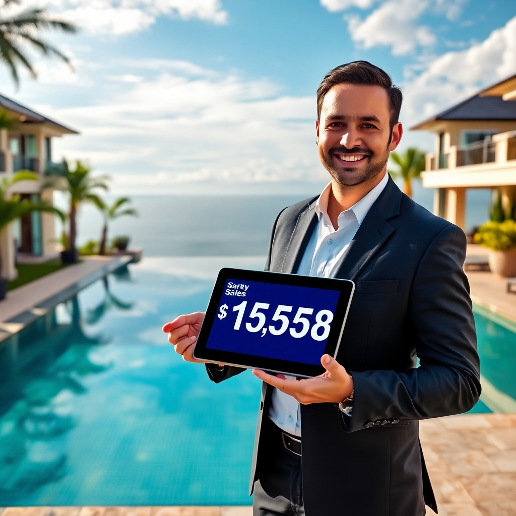 A photorealistic image of a smiling, successful real estate agent standing in front of a luxury pool villa in Pattaya, Thailand. The agent is wearing a sharp suit and holding a tablet showing a high sales number.  The villa should be opulent, with a large pool, lush landscaping, and a stunning ocean view in the background. The overall mood should be one of success and affluence.