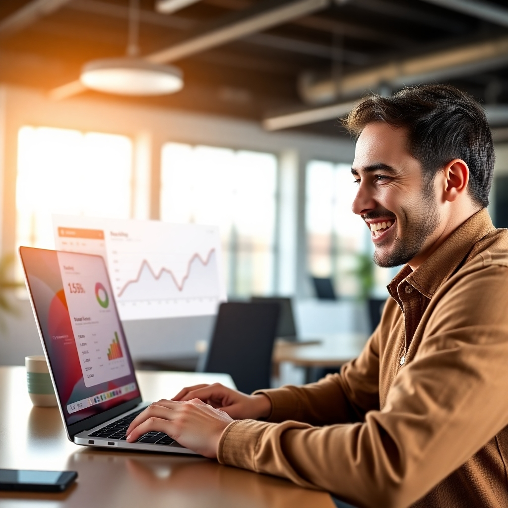 A photorealistic image of a smiling person looking at their laptop, showing a website dashboard with rising sales graph and profit numbers. The background is a bright and modern office space with natural light. The overall mood should be positive and encouraging.
