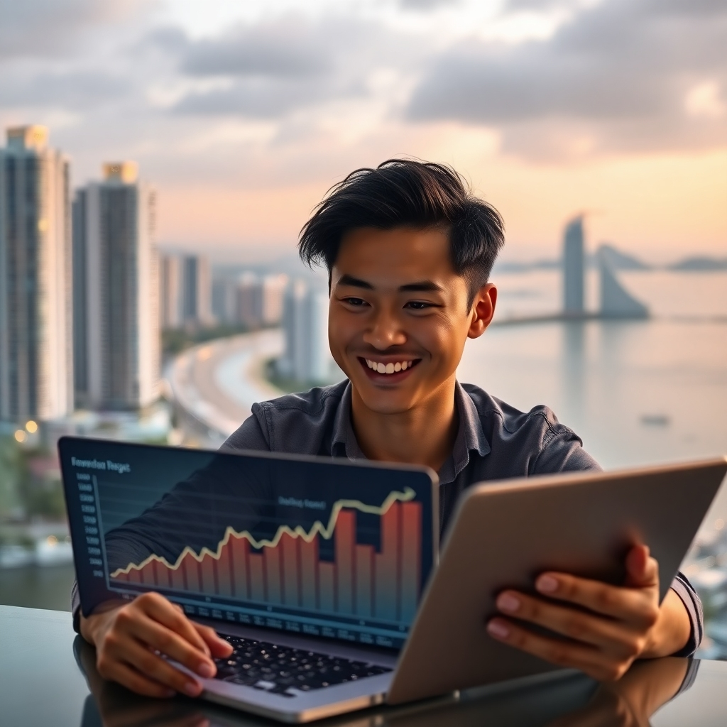 A photorealistic image of a smiling person looking at a laptop displaying a graph showing significant income growth, with a background of Pattaya's coastline and luxurious high-rise condominiums
