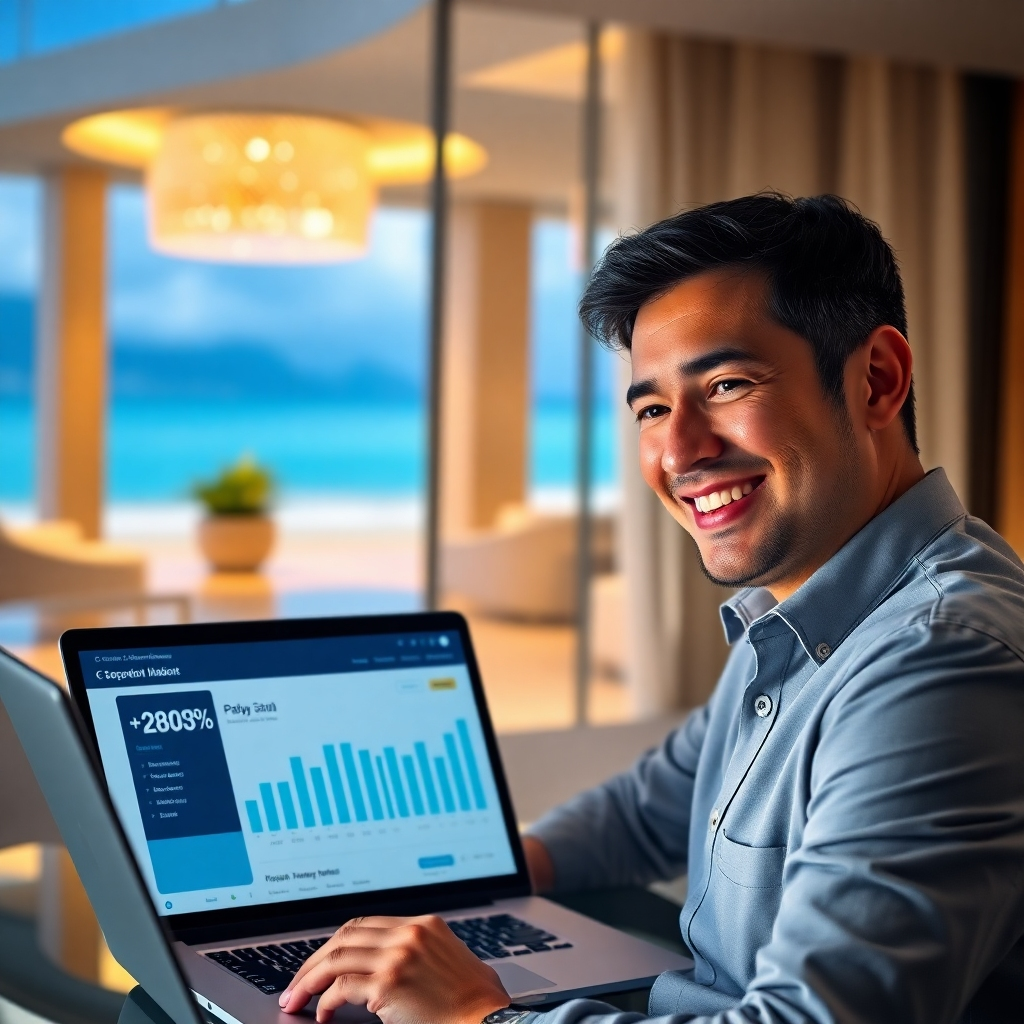 A photorealistic image of a smiling person looking at a laptop displaying a high commission percentage on a Pattaya property affiliate dashboard, with a luxurious beachfront condo in the background. The overall mood should be one of success and wealth.