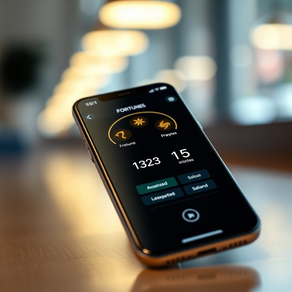 A photorealistic image of a smartphone displaying a fortune-telling application that analyzes the digits of a phone number. The screen shows astrological symbols and personalized predictions. The background is blurred, focusing attention on the phone and its display. The lighting is soft and inviting, emphasizing the accessibility of the service. The camera angle is a close-up on the phone screen. Style is modern and sleek. Technical specs: 4K resolution, high quality.