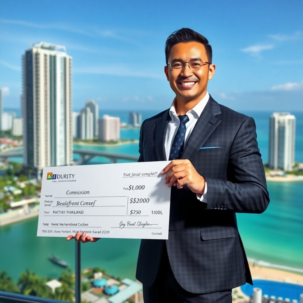 A photorealistic image of a smiling, successful real estate agent in a sharp suit, standing in front of a luxury beachfront condo in Pattaya, Thailand.  The agent holds a large novelty check representing a significant commission. The background should showcase the beautiful Pattaya skyline and ocean view.  The overall mood should be one of success and achievement.