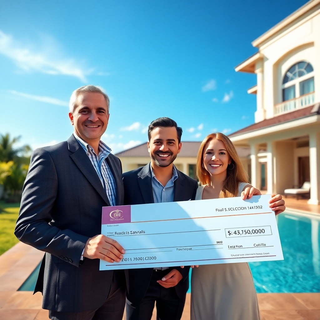 A photorealistic image of a smiling, successful real estate agent handing a large, oversized check to a happy couple in front of a luxurious pool villa in Pattaya, Thailand.  The sky is bright and sunny, the pool is sparkling, and the villa is opulent.  The image should convey a sense of wealth and achievement.
