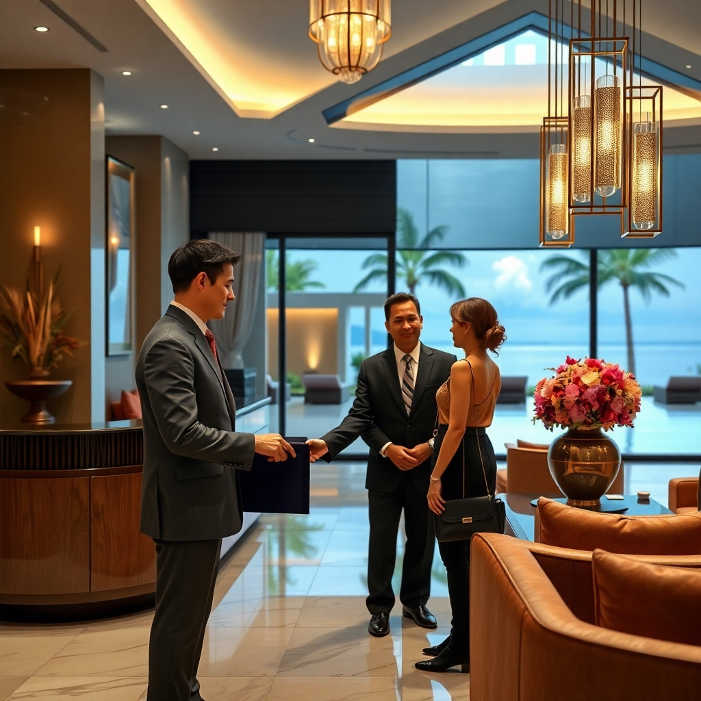 A photorealistic image of a sophisticated concierge assisting a guest in a beautifully decorated lobby. The background subtly features a luxurious pool villa with stunning views, emphasizing the personalized and attentive service offered to members. The mood should be calm, upscale, and professional.