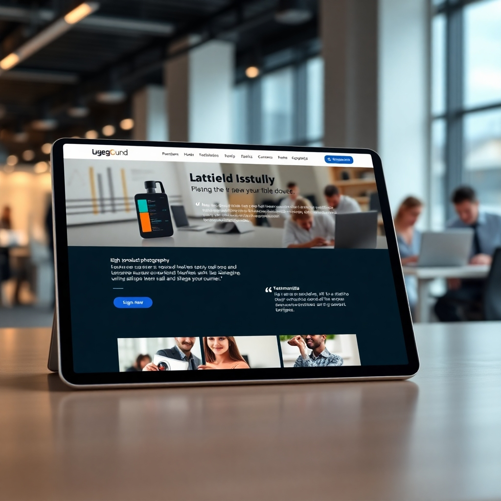 A photorealistic image of a sophisticated website landing page on a tablet, showcasing high-quality product photography and testimonials from satisfied customers. The background should subtly feature a modern office environment with professional individuals working collaboratively. The overall feel should be one of trust, professionalism, and customer satisfaction.
