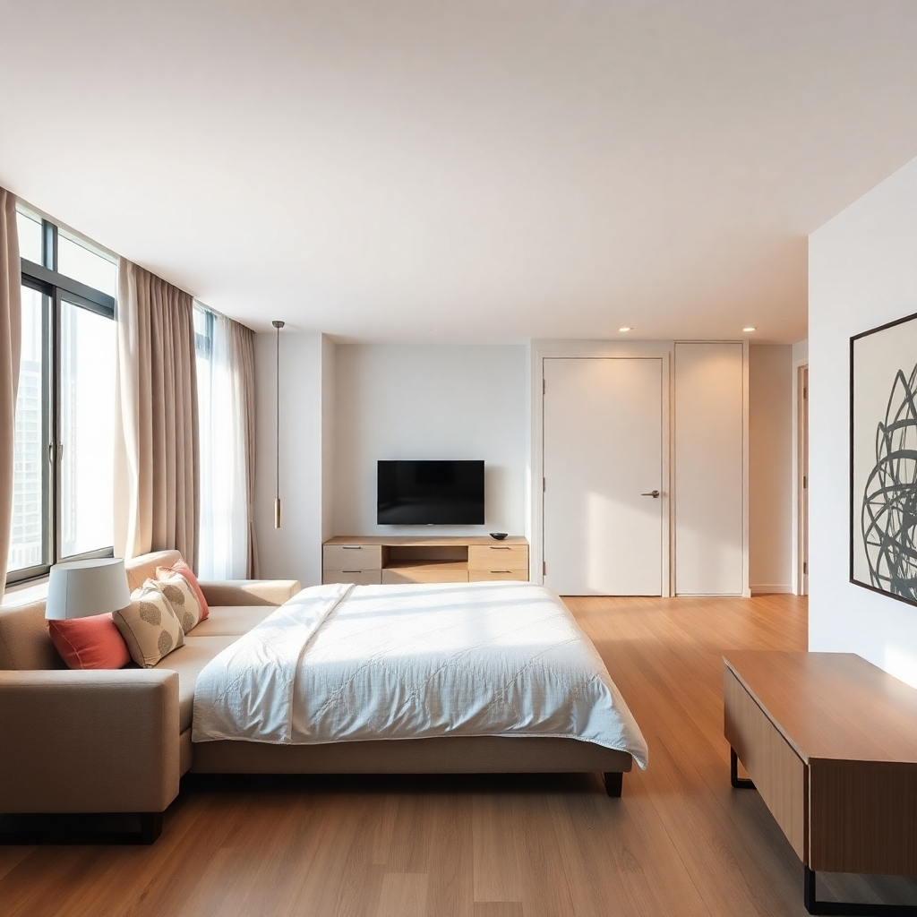 A photorealistic image of a spacious and beautifully decorated one-bedroom condo unit in Lumpini condominium Bodindecha-Ramkhamhaeng.  The image should highlight the bedroom's size and modern furniture, showing natural light entering the room.  The style should be clean, bright, and inviting, appealing to potential buyers seeking comfort and convenience.