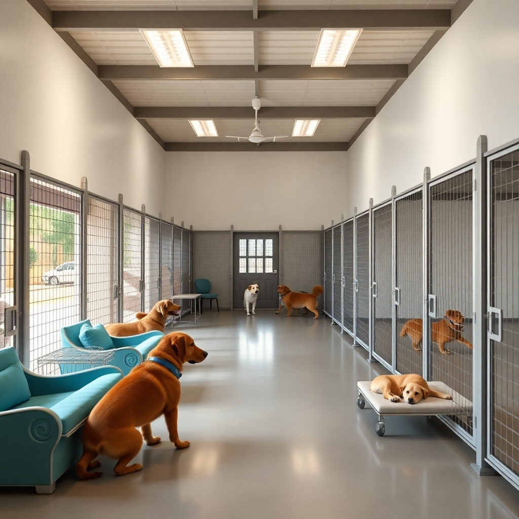 A photorealistic image of a spacious, clean, and well-maintained dog boarding facility. The facility should be bright and airy, with plenty of room for dogs to run and play. There should be comfortable resting areas and outdoor play spaces visible. The image should convey a sense of safety and security. High resolution, sharp focus, natural lighting.