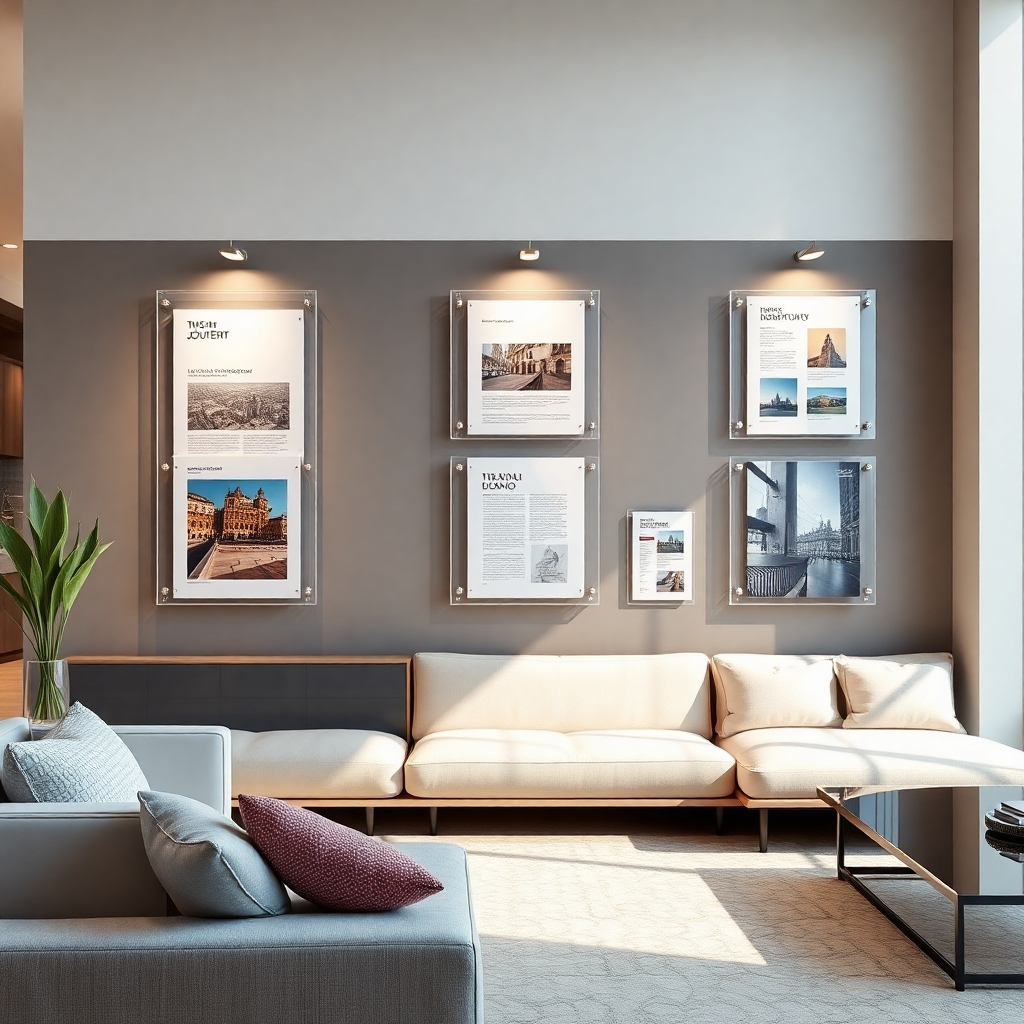 A photorealistic image of a stylish living room or office space, showcasing several acrylic document holders on a wall. The holders should contain visually appealing documents or artwork, emphasizing how they can enhance the room's aesthetics. The image should be bright and well-lit, highlighting the glossy finish of the acrylic and the way it reflects light.