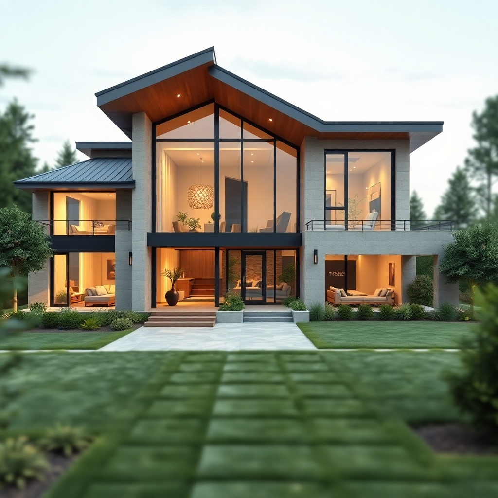 A photorealistic image of a stunning modern house, showcasing intricate architectural details like custom window frames, a unique roofline, and a beautifully landscaped yard. The image should emphasize the high level of detail and craftsmanship.  The style should be contemporary with clean lines and natural materials.  Lighting should be soft and natural, highlighting the texture of the materials. The background should be slightly blurred to focus attention on the house.