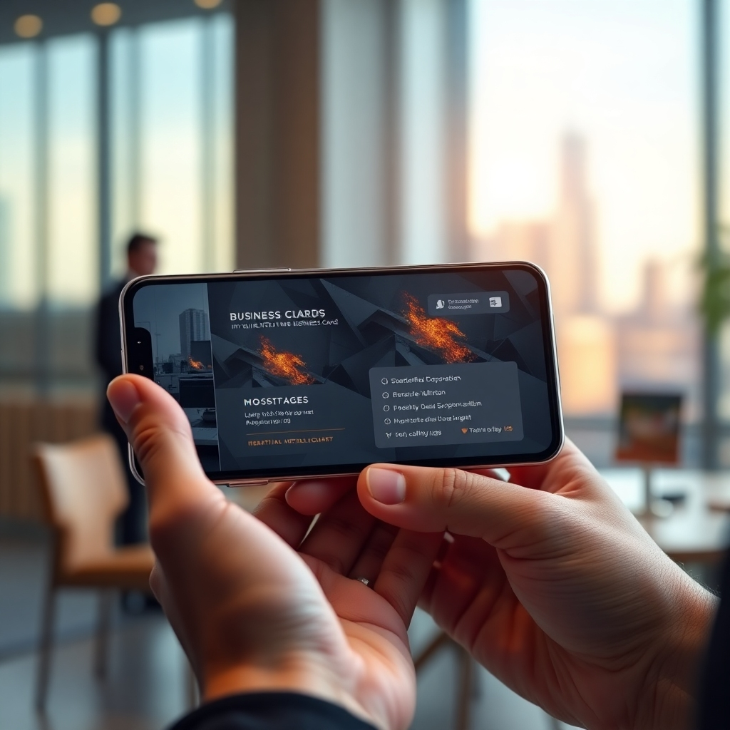 A photorealistic image of a stylish digital business card displayed on a high-end smartphone, with subtle animations and interactive elements shown.  The background should include a blurred, high-quality image of a modern office or cityscape, highlighting professionalism and sophistication.