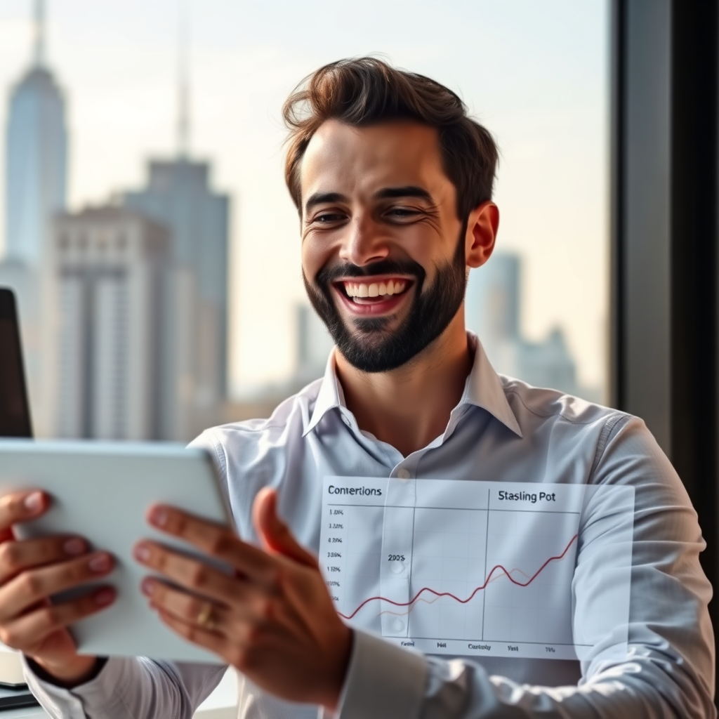 A photorealistic image of a successful entrepreneur smiling while looking at a website analytics dashboard. The dashboard shows positive growth in leads, conversions, and revenue, attributed to the fortune-telling plugin. The background subtly displays a cityscape skyline, symbolizing business success. The lighting is bright and optimistic, emphasizing the positive impact of the plugin. The camera angle is a medium shot, capturing the entrepreneur's confidence and success. Style is professional and modern. Technical specs: 4K resolution, high quality.