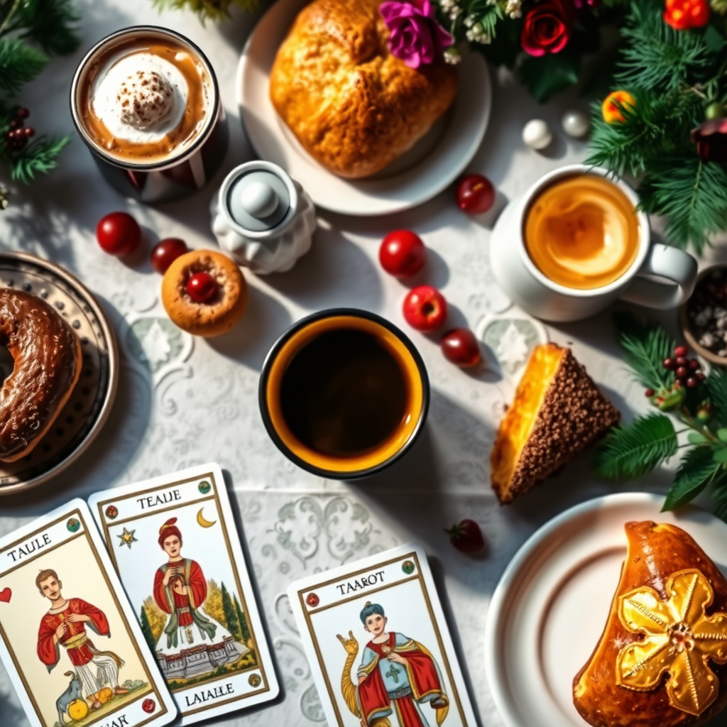 A photorealistic image of a table filled with delicious coffee, pastries, and a tarot card deck. The lighting is bright and inviting, highlighting the vibrant colors of the food and cards. The composition is a top-down view, showcasing the abundance and variety. Style: Festive, abundant, and inviting. Technical specs: 4K resolution, high-quality rendering, vibrant colors.