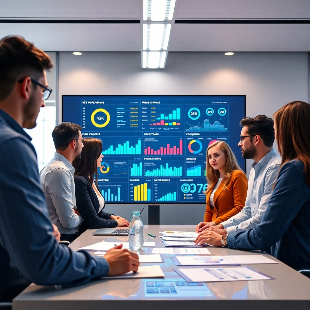 A photorealistic image of a team of marketing professionals gathered around a large screen displaying complex data visualizations and charts. The scene should be bright and modern, with a focus on collaboration and data-driven decision-making. The screen should show key performance indicators (KPIs) and insightful data related to online marketing, such as website traffic, social media engagement, and conversion rates. The overall mood should convey a sense of strategic planning and analysis.