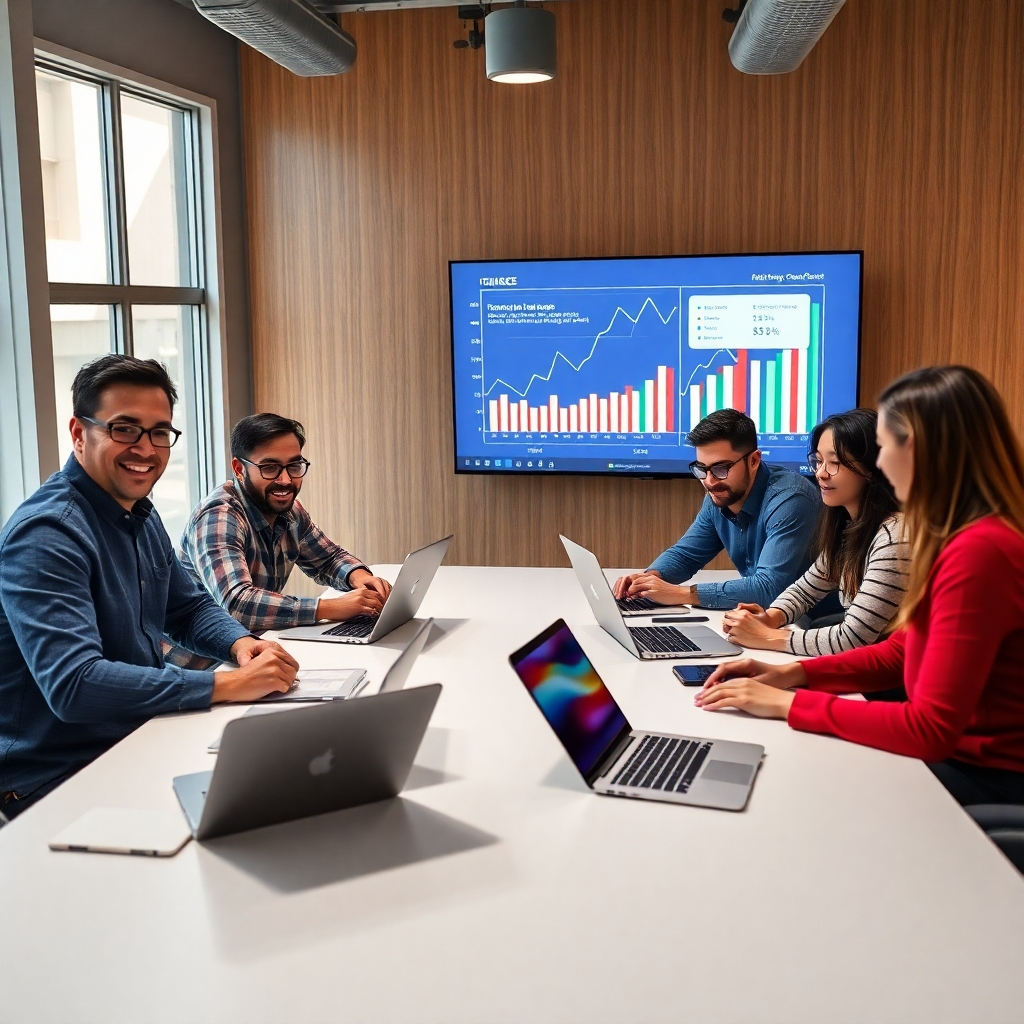 A photorealistic image of a team of diverse marketers collaborating around a large table, using laptops and digital tablets, with charts and graphs displayed on a screen in the background. The atmosphere should be dynamic and collaborative, showing a blend of creativity and data-driven strategy.  The image should convey a sense of teamwork and innovative marketing solutions.