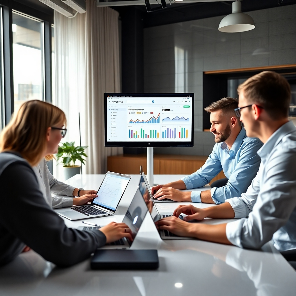 A photorealistic image of a team of professionals working collaboratively on laptops, focused on a screen displaying a Google My Business dashboard.  The room should be modern and professional, conveying expertise and collaboration.  The image should emphasize data analysis and strategic planning.