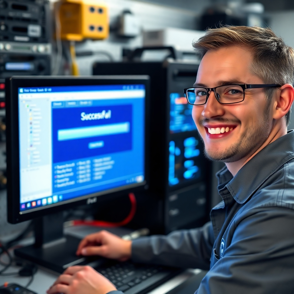 A photorealistic image of a technician smiling while looking at a computer screen displaying a successful data recovery progress bar. The background should have neatly organized computer equipment and tools. The overall mood should be one of success, efficiency and problem-solving.