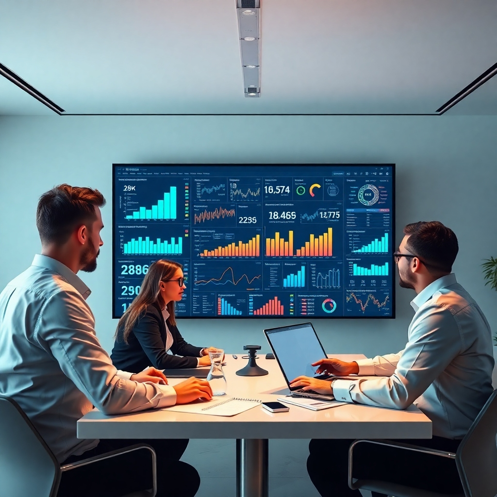 A photorealistic image of a team of business analysts collaborating around a large screen displaying complex data visualizations, charts, and graphs related to e-commerce sales and customer behavior. The room should be modern and bright, conveying a sense of innovation and data-driven decision-making. Focus should be on the data analysis process and the collaborative aspect of the team's work.