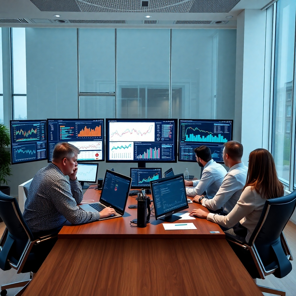 A photorealistic image of a team of business analysts sitting around a large table, deeply engaged in studying data on multiple computer screens and charts. The room is modern and bright, showcasing a professional and collaborative environment. The image should emphasize the data analysis process, with clear visual cues representing key performance indicators (KPIs) and data visualizations.
