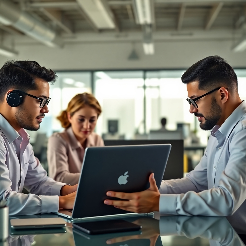 A photorealistic image of a team of skilled professionals working collaboratively on a project. They are using laptops and other modern technology to install and configure GA4, Facebook Pixel, and TikTok Pixel. The atmosphere is one of professionalism, efficiency, and teamwork. The background should be a bright, modern office setting.
