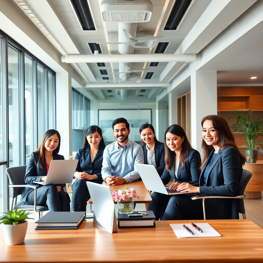 A photorealistic image of a team of professional real estate agents working collaboratively in a modern, stylish office in Pattaya. The agents are diverse, friendly, and engaged in productive activities. The office space is bright and airy, with plenty of natural light. The image should convey a sense of teamwork, professionalism, and support.