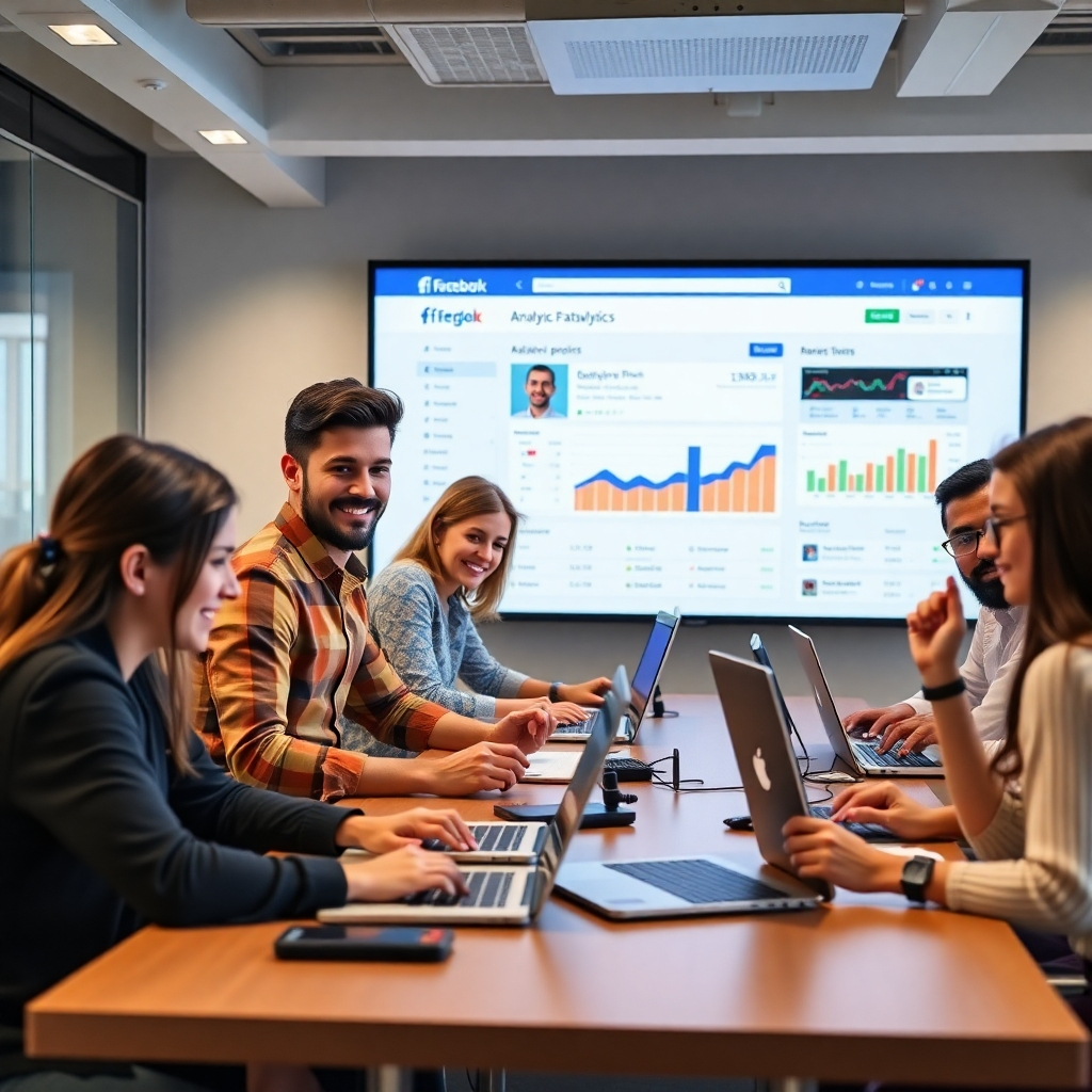 A photorealistic image of a team of young, diverse professionals working collaboratively on laptops in a modern office, with a large screen displaying a Facebook page analytics dashboard in the background. The overall mood should be positive, productive, and technologically advanced.  Focus on teamwork and efficiency. The image should include branding elements like a company logo subtly integrated.