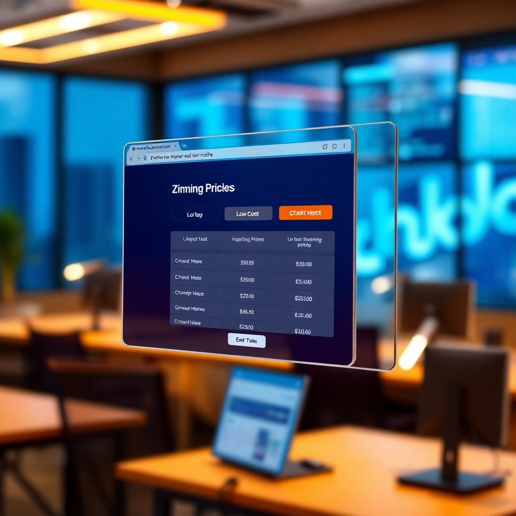 A photorealistic image of a transparent screen displaying a ZmartHost pricing page, highlighting the low costs of their hosting plans.  The background should be a blurred image of a modern office with glowing screens, emphasizing the affordability and accessibility.