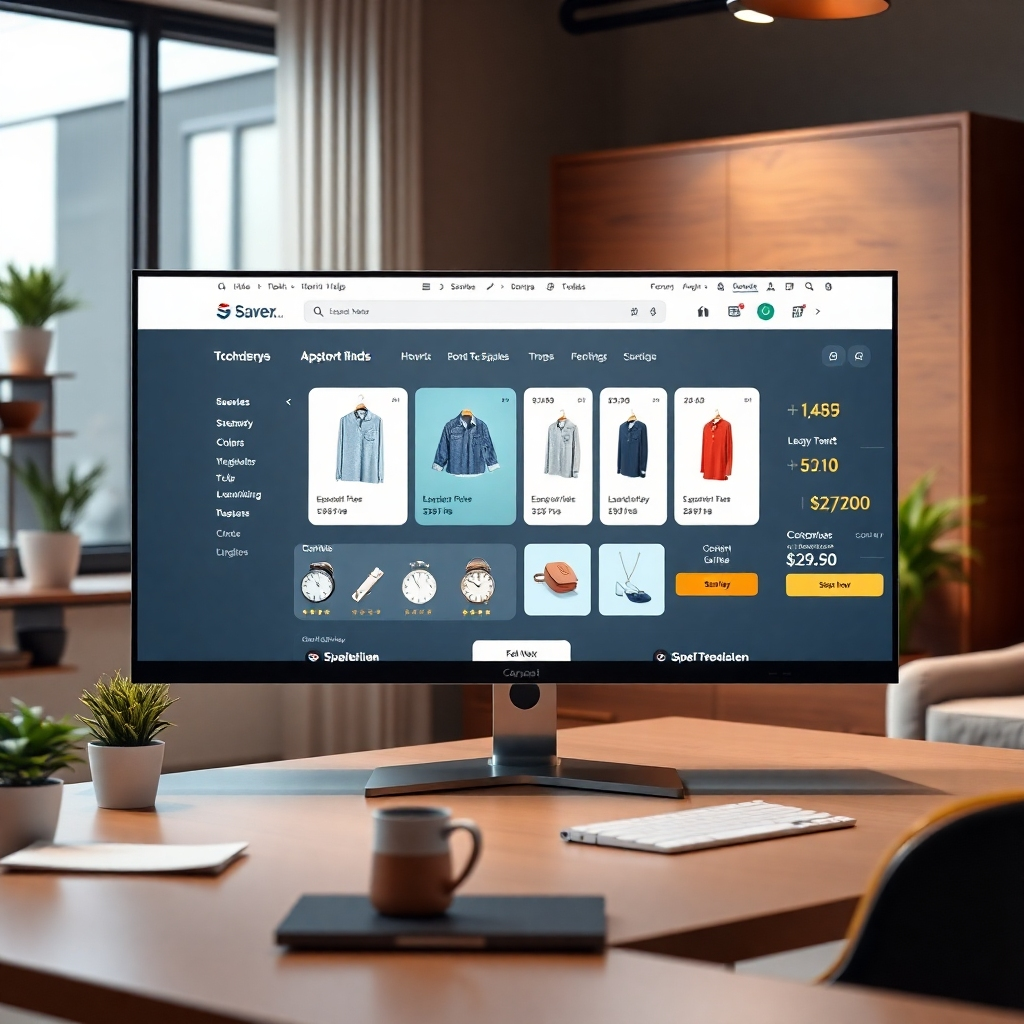 A photorealistic image of a user-friendly and aesthetically pleasing e-commerce website interface on a large monitor.  Highlight elements like clear product displays, easy navigation, compelling calls-to-action, and a smooth checkout process. The overall look should be modern, clean and convey trust and professionalism. The background should suggest a comfortable and productive workspace.