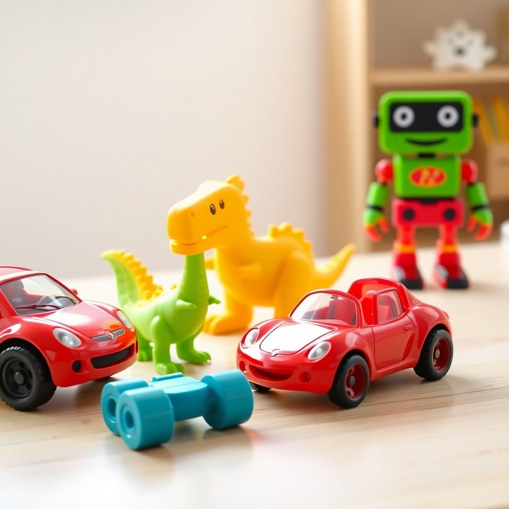 A photorealistic image of a variety of 3D printed toys made from PLA plastic, including a bright red toy car, a vibrant yellow toy dinosaur, and a cheerful green toy robot.  The toys are displayed on a light wooden table, with a soft, natural light source.  The image should emphasize the vibrant colors and smooth surfaces of the toys, highlighting the quality and safety of the PLA material. The background is a clean, uncluttered white space.