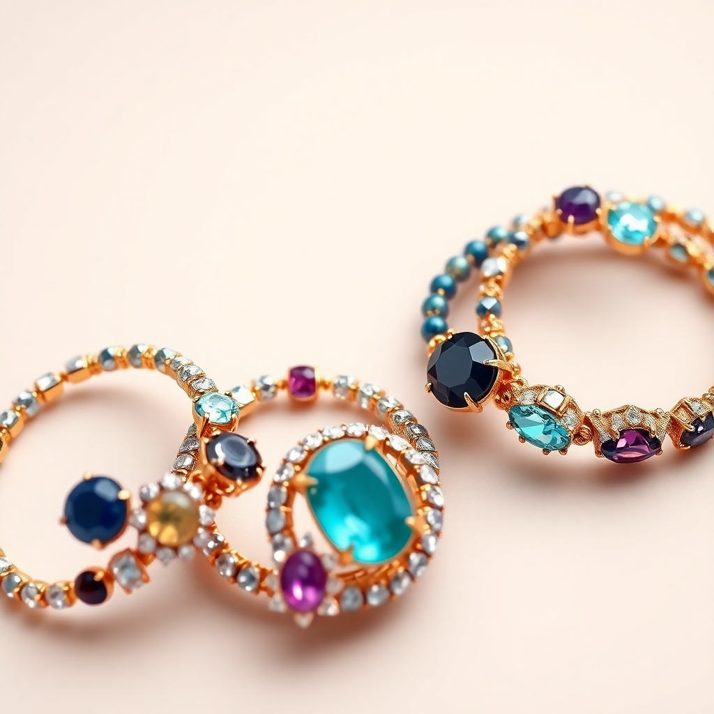 A photorealistic image of a variety of gemstone bracelets, each uniquely designed with different stones and styles.  The image should be beautifully lit and styled, highlighting the craftsmanship. The camera angle should be overhead or from a slightly elevated angle, showing off the bracelets. The background could be a simple neutral color, allowing the bracelets to be the focus.  The style should be elegant and sophisticated. Technical specs: 4K resolution, photorealistic style.