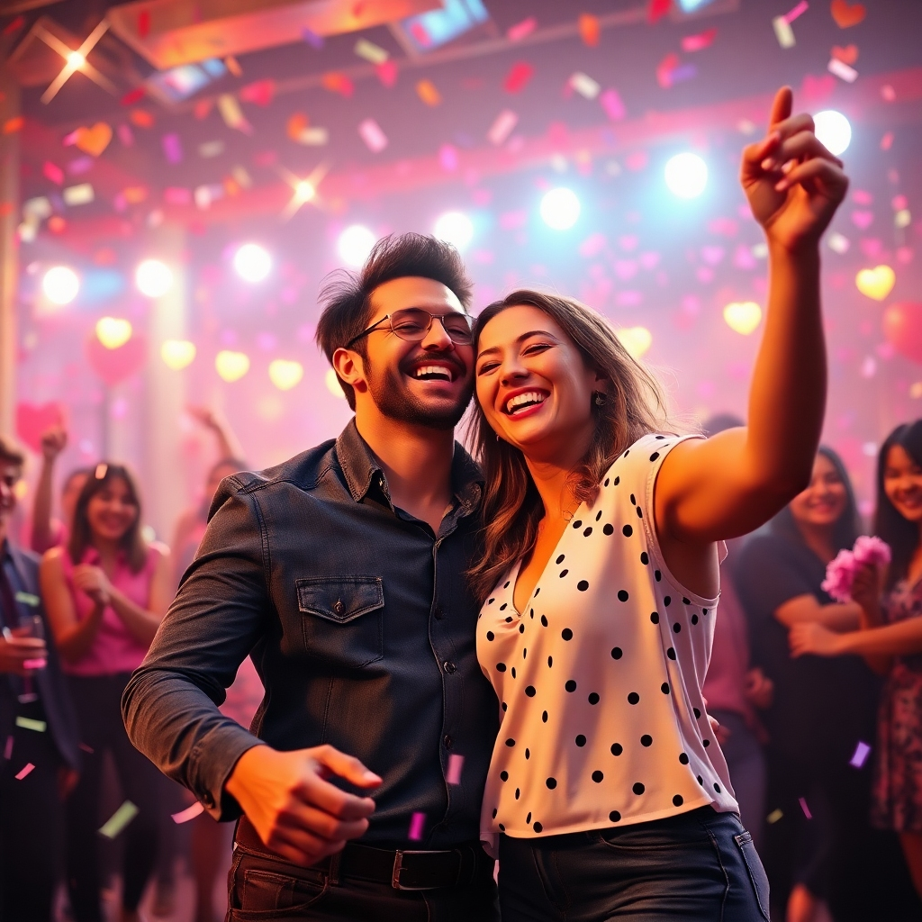 A photorealistic image of a vibrant, energetic couple dancing joyfully at a Valentine's Day party. Confetti and colorful lights fill the background. The couple is laughing and radiantly happy, their clothes are stylish and modern, and the energy is contagious. The image should capture the pure joy and excitement of being in love.