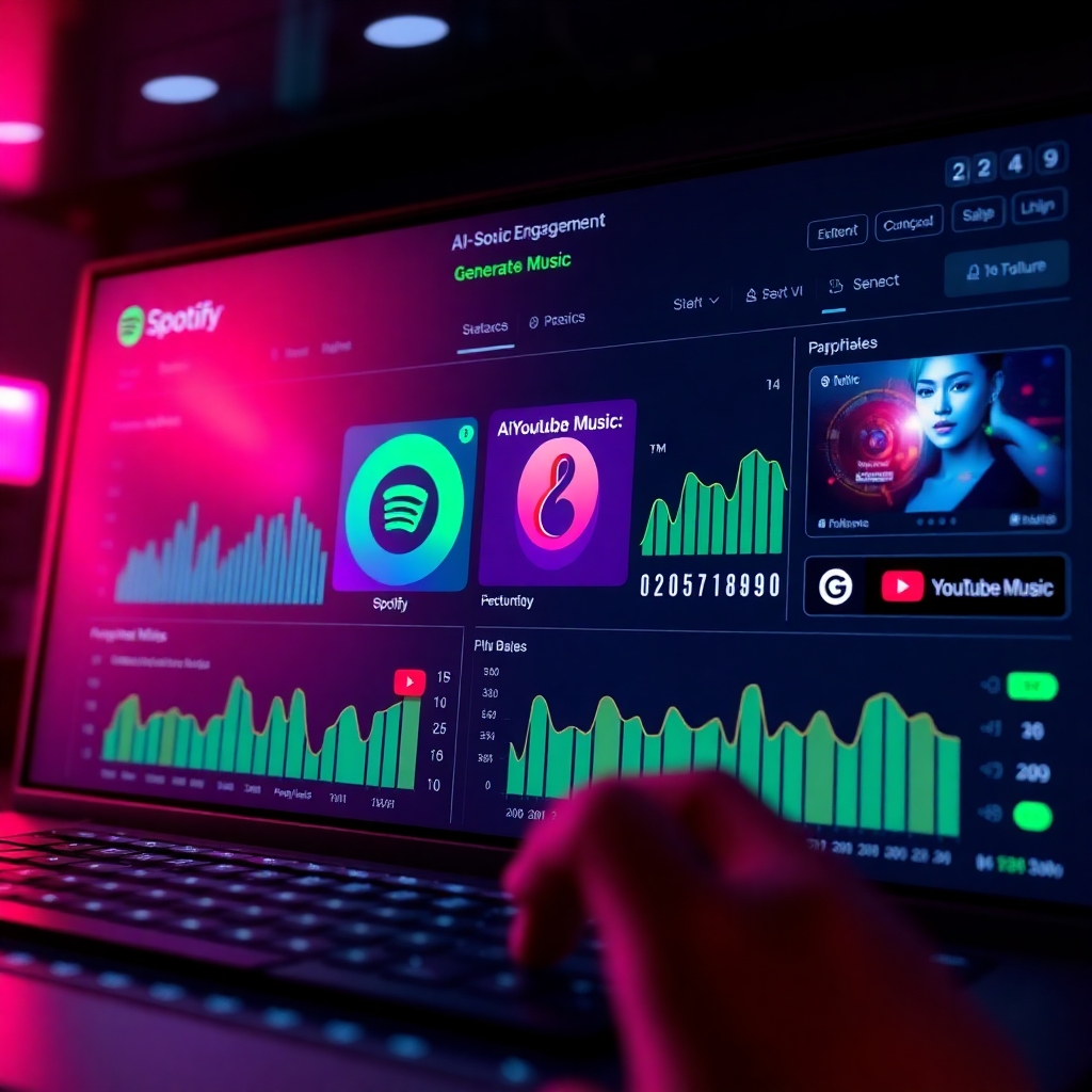 A photorealistic image of a vibrant social media dashboard displaying positive engagement metrics on various music platforms, such as Spotify, Apple Music, and YouTube Music. Show the album art of AI-generated music in the background.  The overall aesthetic should be modern and sleek.