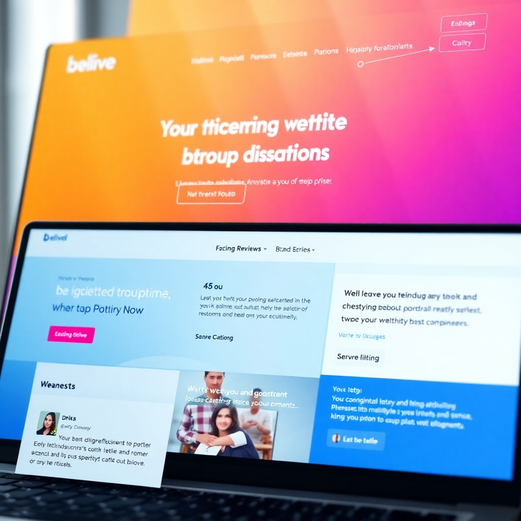 A photorealistic image of a vibrant and modern website interface, showcasing a strong brand identity with consistent visuals and messaging.  The website should display positive customer reviews and testimonials, emphasizing brand credibility and trustworthiness. The background should have a subtle hint of social media activity, such as likes, shares, and comments, indicating online engagement.