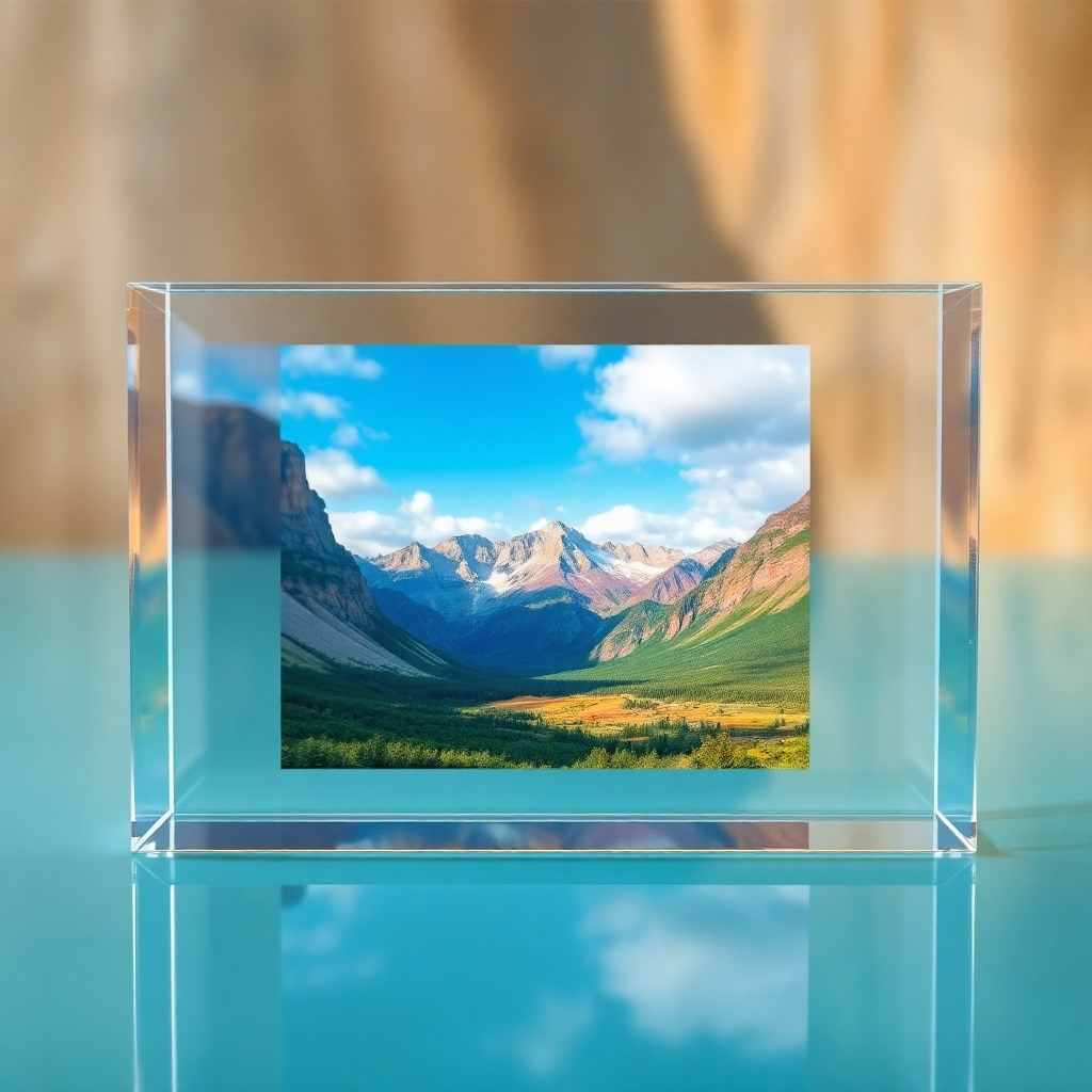 A photorealistic image of a vibrant landscape photograph displayed in a clear acrylic frame. The image should show the exceptional clarity and vibrancy of the colors, with no distortion or discoloration caused by the frame. The background should be slightly out of focus, emphasizing the sharpness and detail of the photograph within the frame.  The lighting should be natural and soft, enhancing the overall visual appeal.