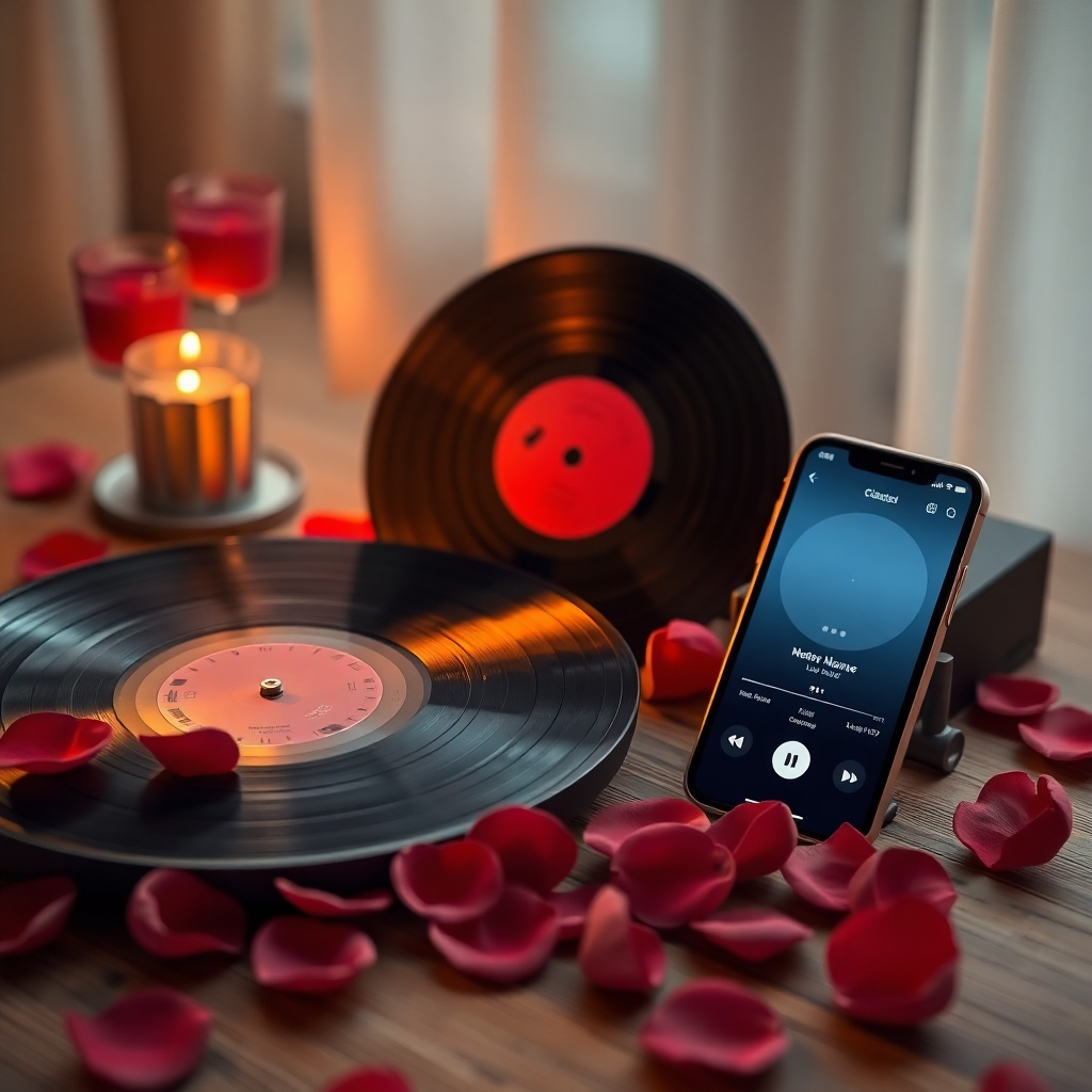 A photorealistic image of a vinyl record playing a classic love song next to a smartphone playing a modern love song; both surrounded by rose petals on a wooden table with a soft, romantic lighting.