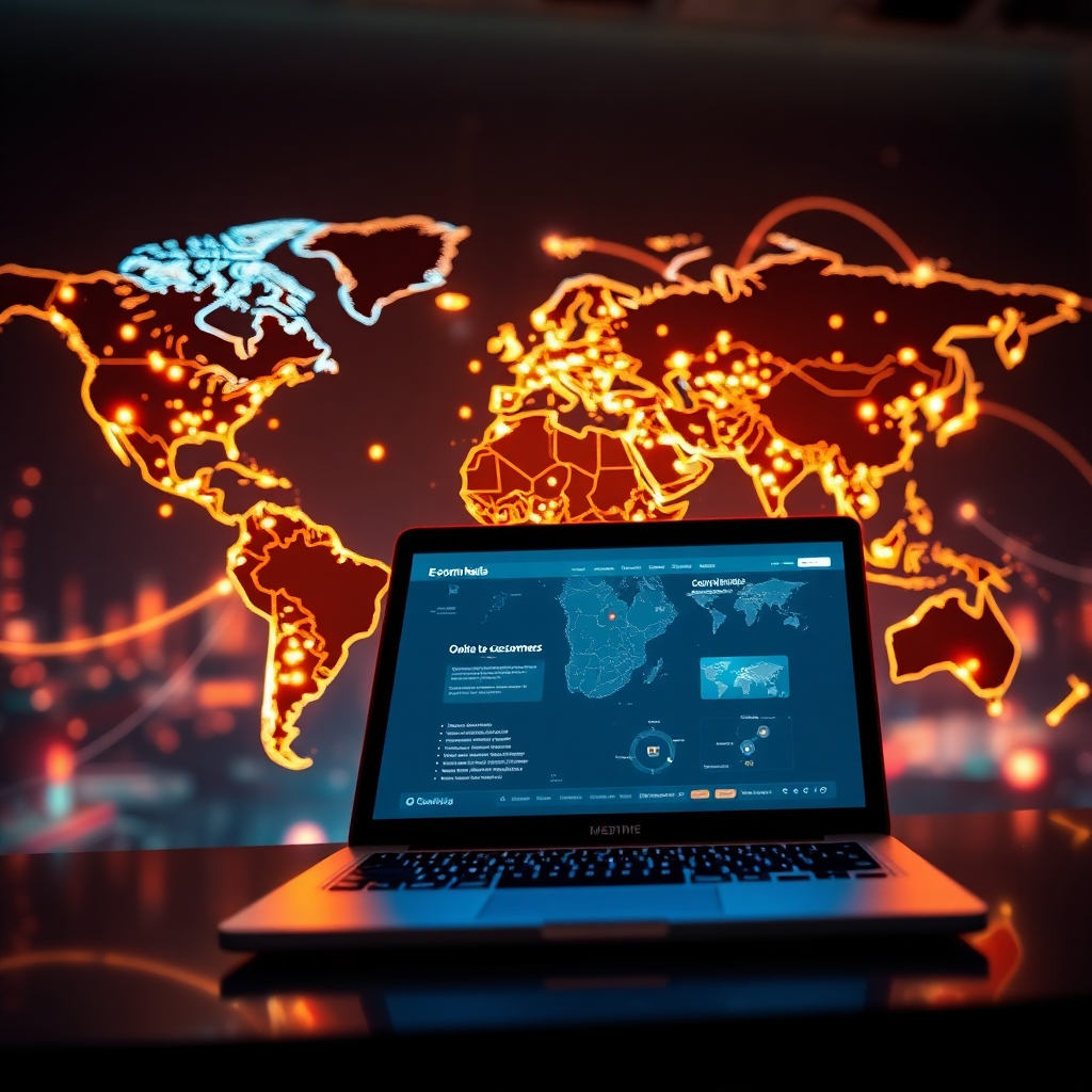 A photorealistic image of a world map with glowing lines connecting various locations representing online customers accessing an e-commerce website. The website should be displayed on a laptop screen in the foreground. The overall tone should be vibrant and modern, showcasing global reach and connectivity.