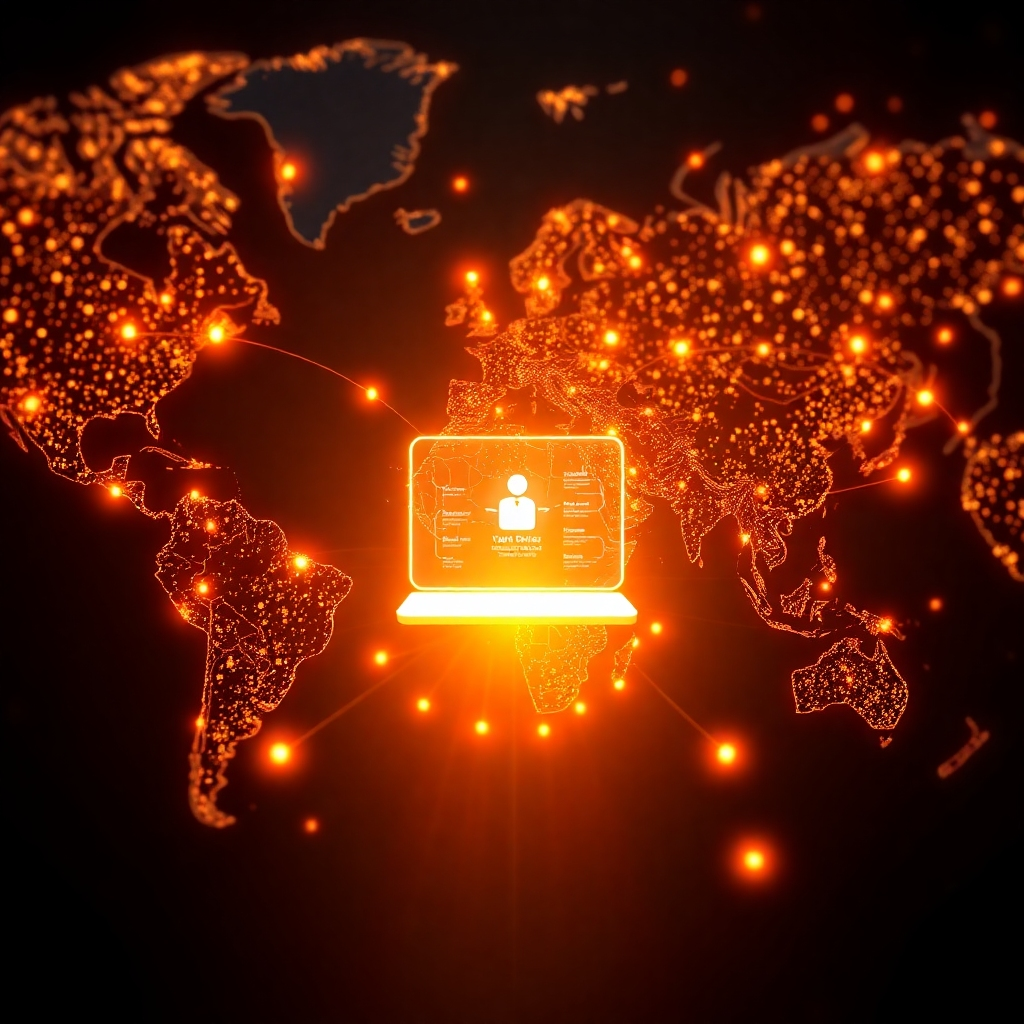 A photorealistic image of a world map with glowing nodes representing customers connecting to a central business hub symbolized by a modern website interface. The overall style should be vibrant, professional, and technologically advanced, focusing on connectivity and global reach.