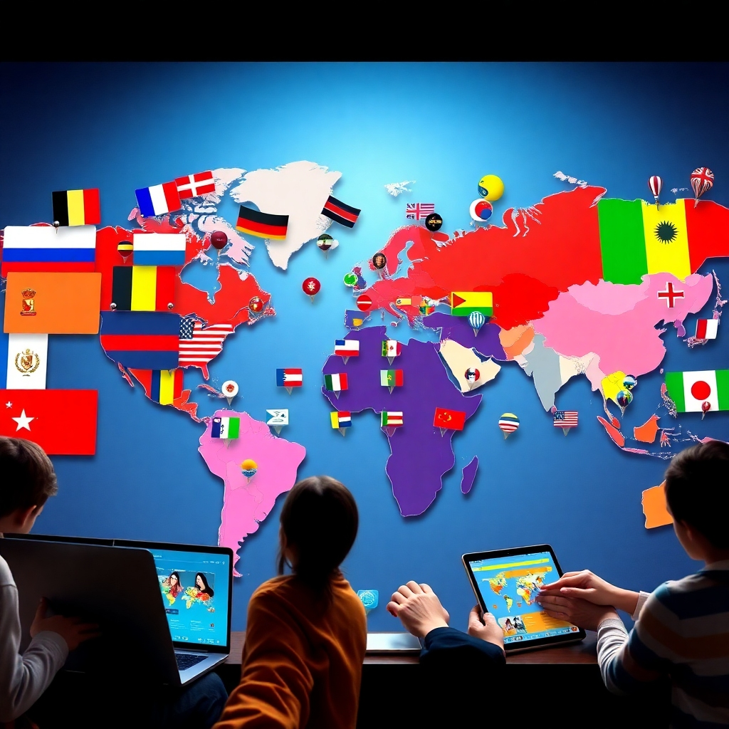A photorealistic image of a world map with flags of different countries pinned on it, highlighting a website interface translated into multiple languages, showcasing diverse people from different cultures interacting with the website on various devices (laptops, smartphones, tablets).  The overall mood should be bright, positive and successful. The image should be high resolution and detailed, emphasizing the global reach and effectiveness of multilingual websites.