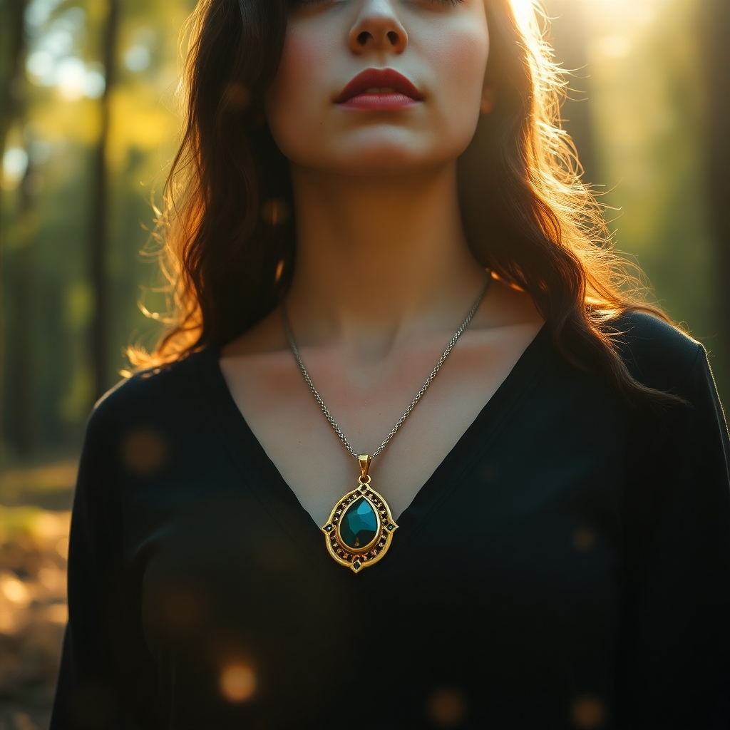 A photorealistic image of a woman wearing a beautiful amulet necklace, standing confidently in a mystical forest bathed in sunlight.  She is surrounded by a soft, shimmering, golden light, suggestive of a protective aura. The air around her is filled with sparkling particles.  Focus on the detail of the amulet and the ethereal glow.