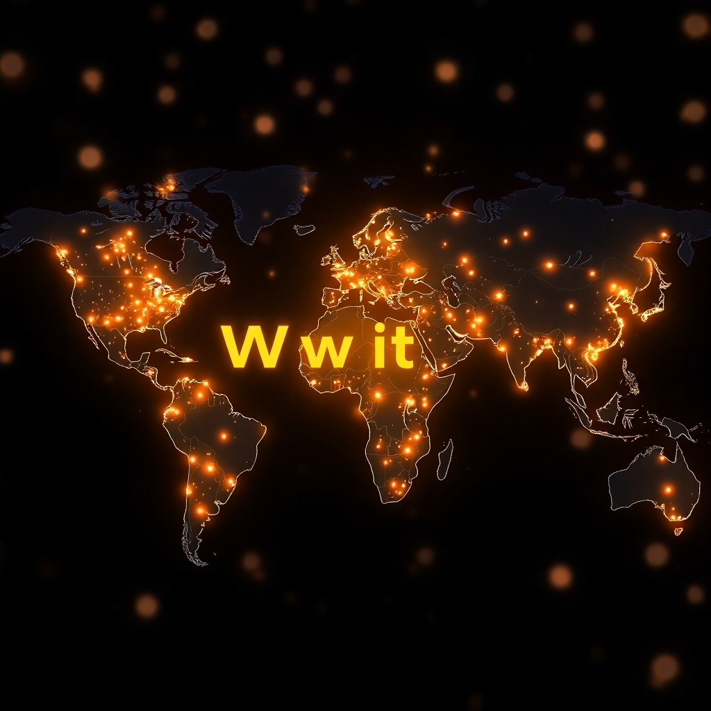  A photorealistic image of a world map with glowing nodes representing online customers connecting to a business website. The website's logo should be clearly visible. The overall mood should be vibrant and positive, signifying global reach and connection.